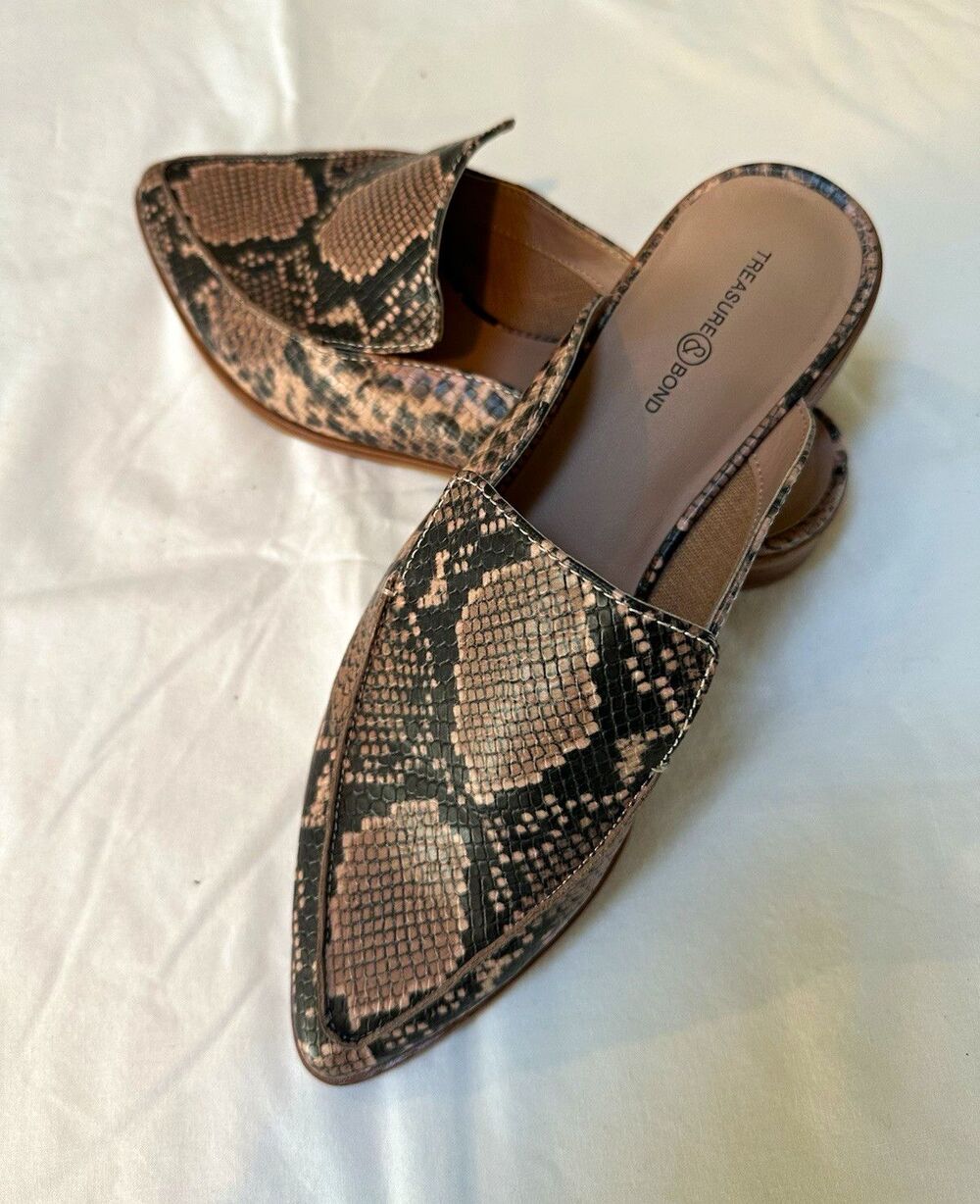 Treasure & Bond Snake Print Pointed Toe Slip-On Slide Flat Mule Beige/Black 8